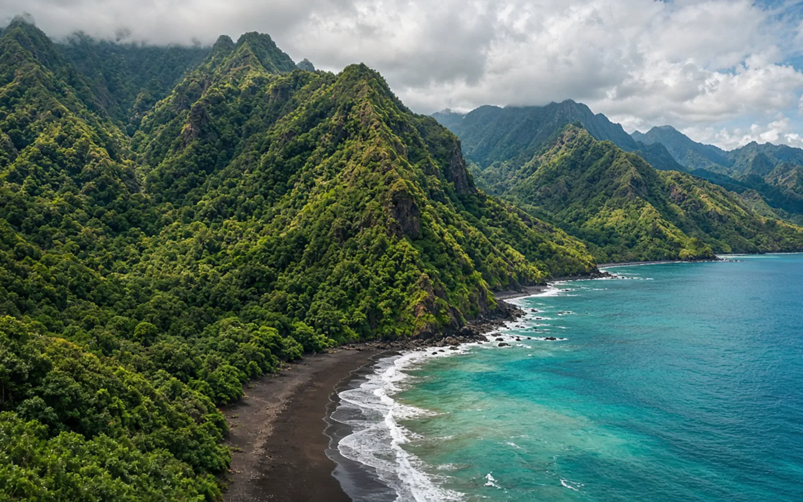 Green mountains meeting the sea on the coast of Dominica