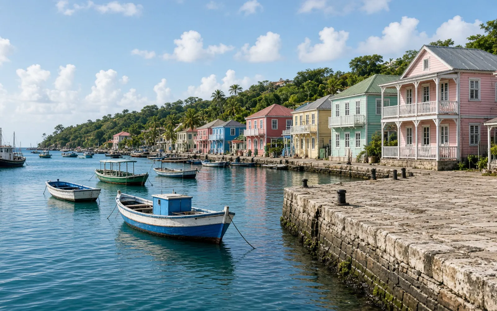 A Caribbean harbour of pastel houses