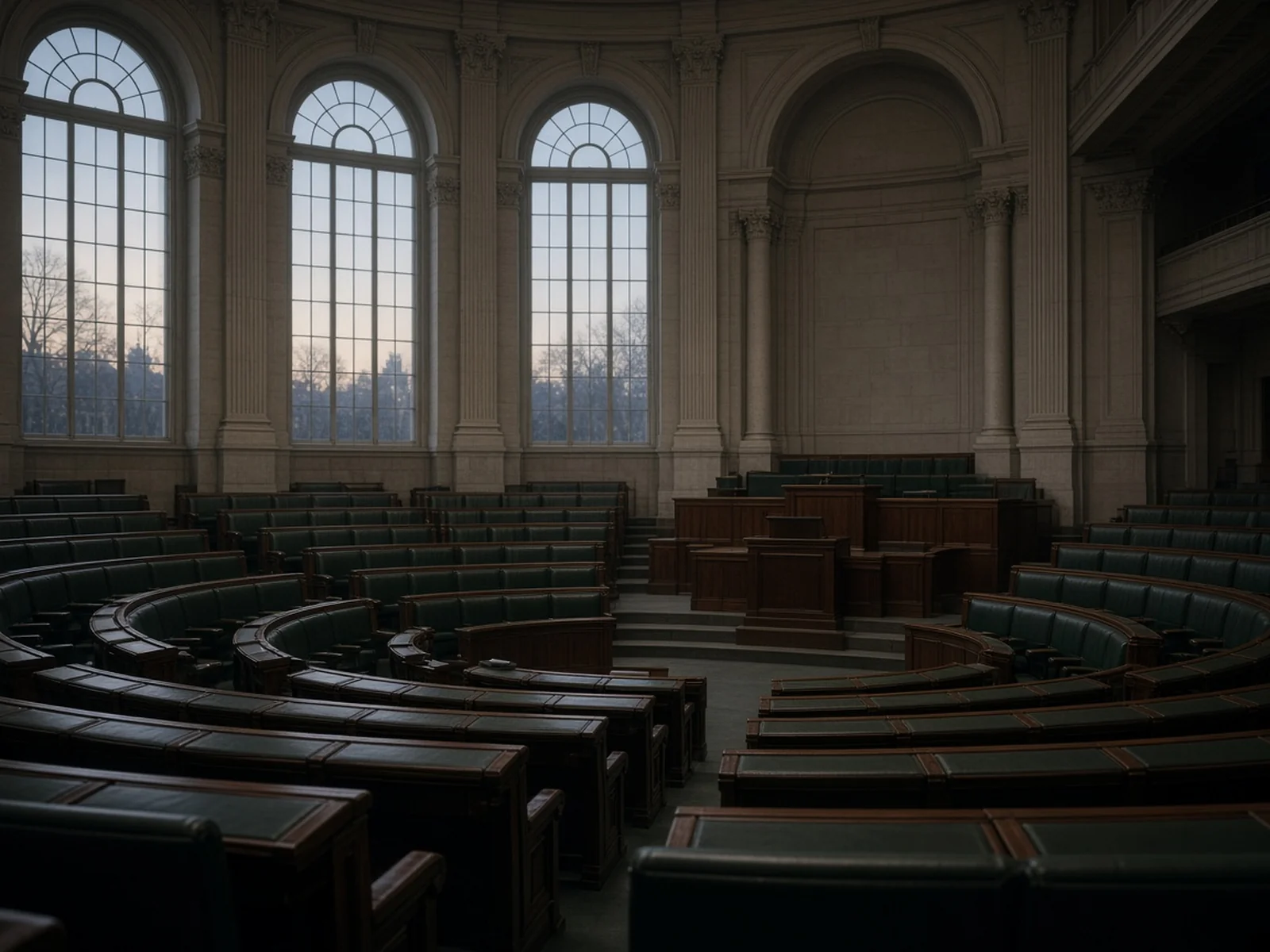 An empty parliamentary chamber at dusk, its benches unoccupied