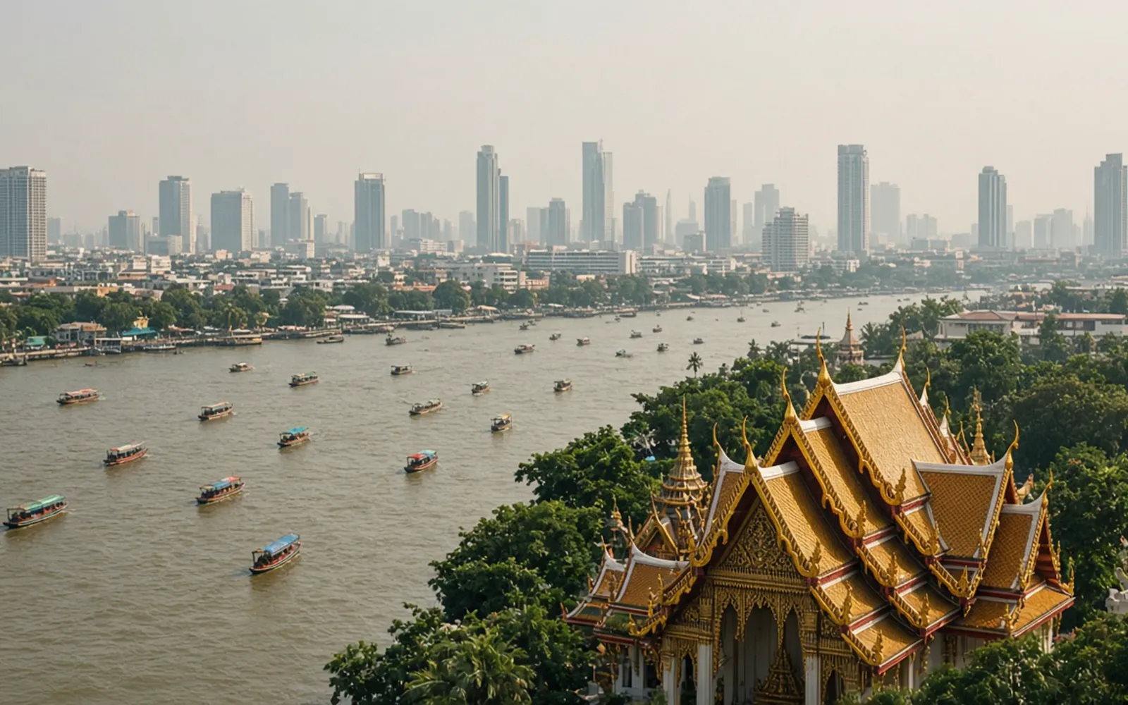 The Chao Phraya and a temple roof in Bangkok